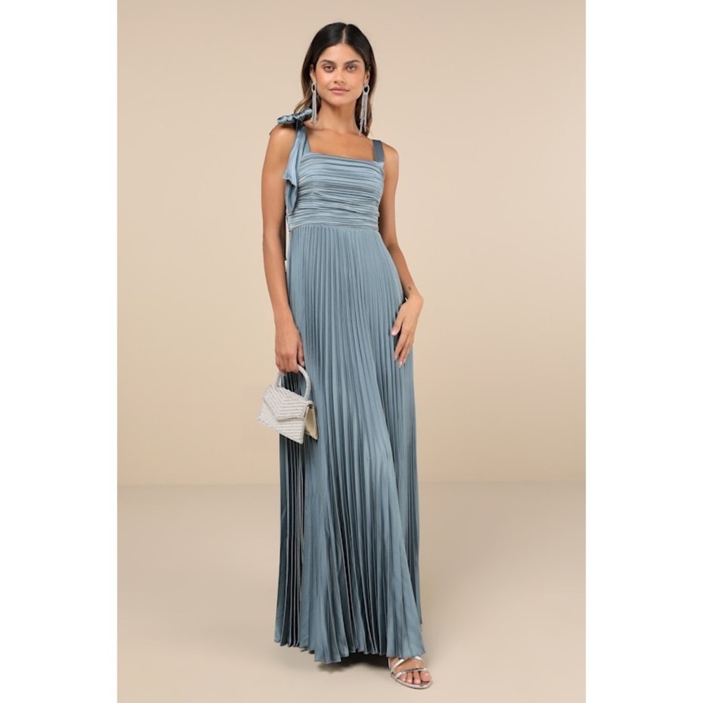 Lulus Gorgeous Purpose Slate Satin Pleated Sleeveless Bow Maxi Dress Blue
